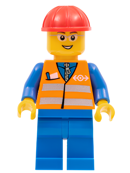 Минифигурка Lego Orange Vest with Safety Stripes - Blue Legs, Gray Frame Glasses, Red Construction Helmet trn226